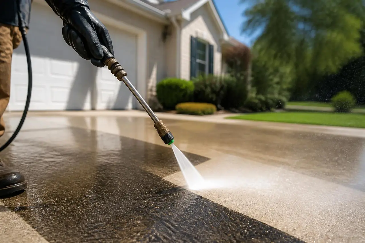 Pressure washing a driveway, showing the dramatic clean stripe left behind